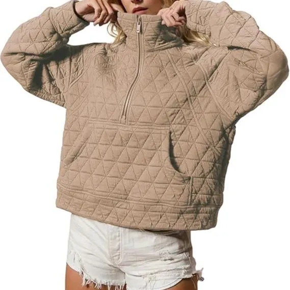 Women's Quilted Puffer Jacket Half-Zip Pullover Sweatshirt Long Sleeve Lightweight Fall Casual Oversize Warm Outerwear(BUY 2 FREE SHIPPING)