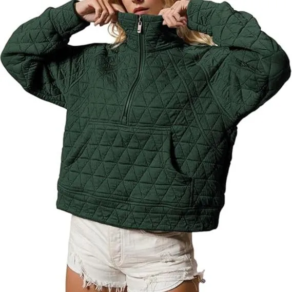 Women's Quilted Puffer Jacket Half-Zip Pullover Sweatshirt Long Sleeve Lightweight Fall Casual Oversize Warm Outerwear(BUY 2 FREE SHIPPING)