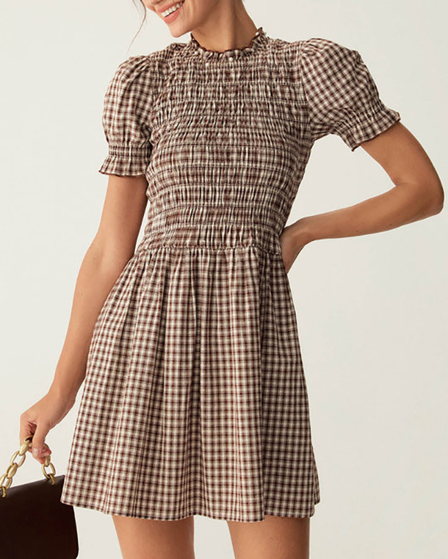 Plaid Shirred Puffed Sleeve Midi Dress