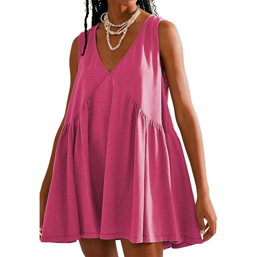 Womens Summer Mini Dress V Neck Sleeveless Tunic Beach Pleated Sundress with Pockets（BUY 2 FREE SHIPPING)