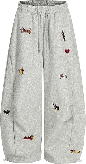 Embroidered puppy loose bucket casual elastic drawstring wide-leg sweatpants（BUY 2 FREE SHIPPING)
