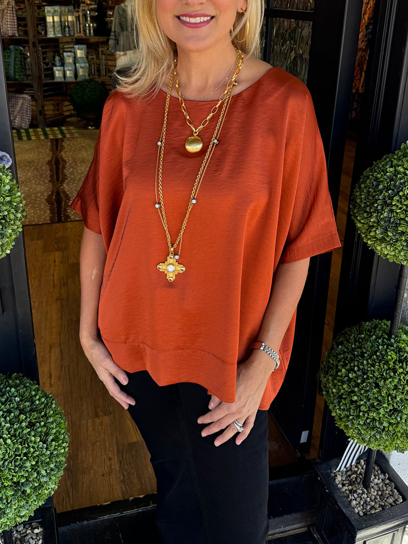 Elegant round neck glossy short-sleeved shirt（BUY 2 FREE SHIPPING)