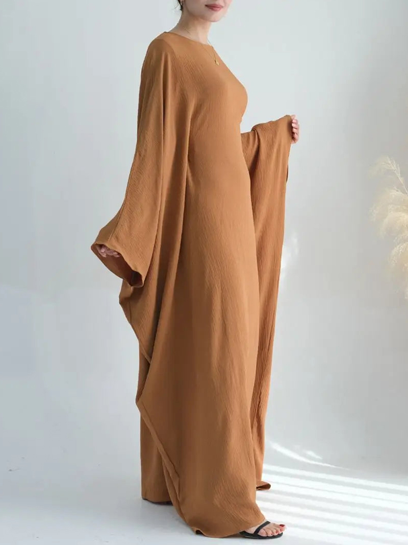 Wrinkle Fabric Batwing Sleeve Farasha Abaya Dress With Inner Belt(BUY 2 FREE SHIPPING)