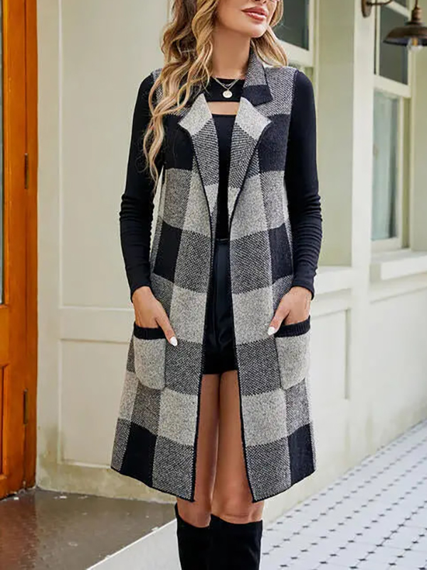 Plaid Open Front Sleeveless Cardigan with Pockets（BUY 2 FREE SHIPPING)