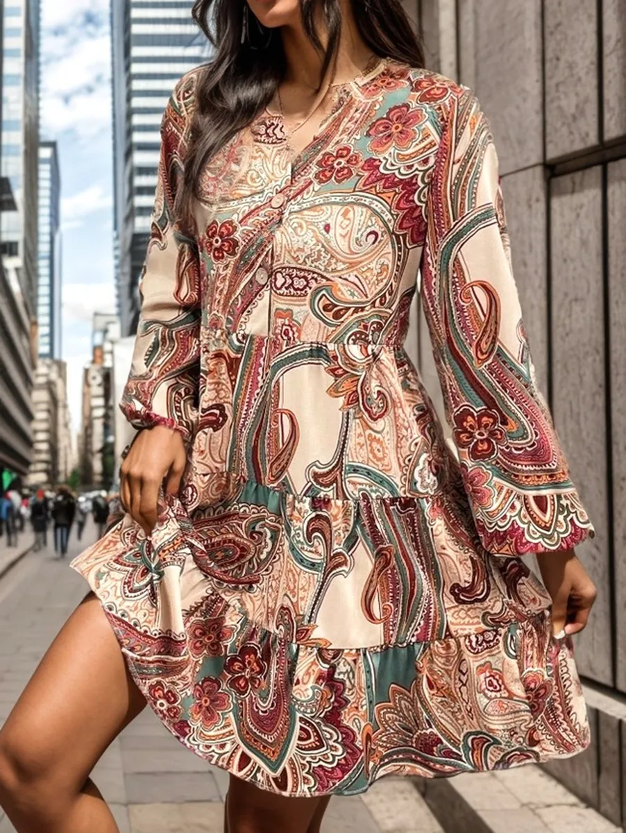 Bohemian cashew print long-sleeved dress（BUY 2 FREE SHIPPING)