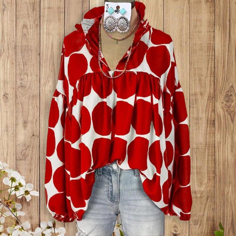 Red Dot Print Blouse, V - Neckline, Lantern Sleeves & Flowy Fit, Chic Casual Top FallFreshness