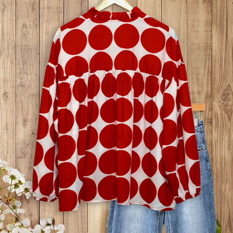 Red Dot Print Blouse, V - Neckline, Lantern Sleeves & Flowy Fit, Chic Casual Top FallFreshness