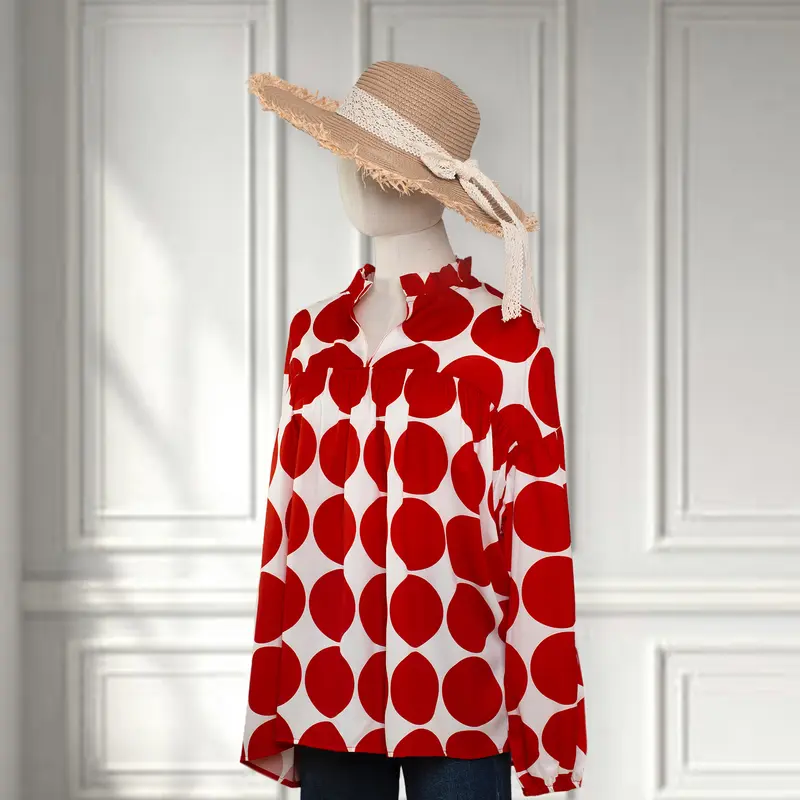 Red Dot Print Blouse, V - Neckline, Lantern Sleeves & Flowy Fit, Chic Casual Top FallFreshness