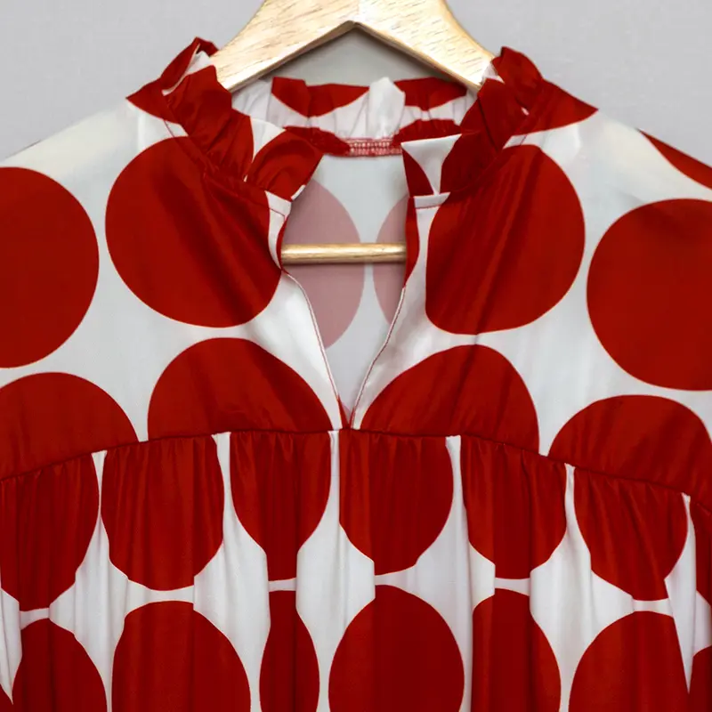 Red Dot Print Blouse, V - Neckline, Lantern Sleeves & Flowy Fit, Chic Casual Top FallFreshness