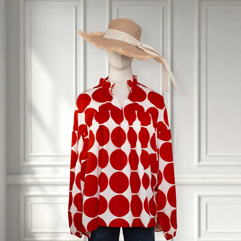 Red Dot Print Blouse, V - Neckline, Lantern Sleeves & Flowy Fit, Chic Casual Top FallFreshness