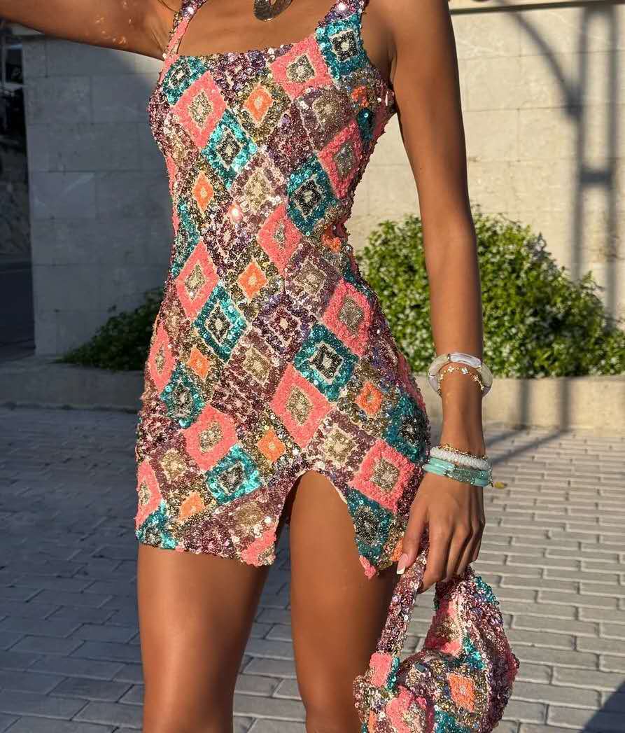 Colorful diamond-patterned sequined split-hem bodycon dress(BUY 2 FREE SHIPPING)