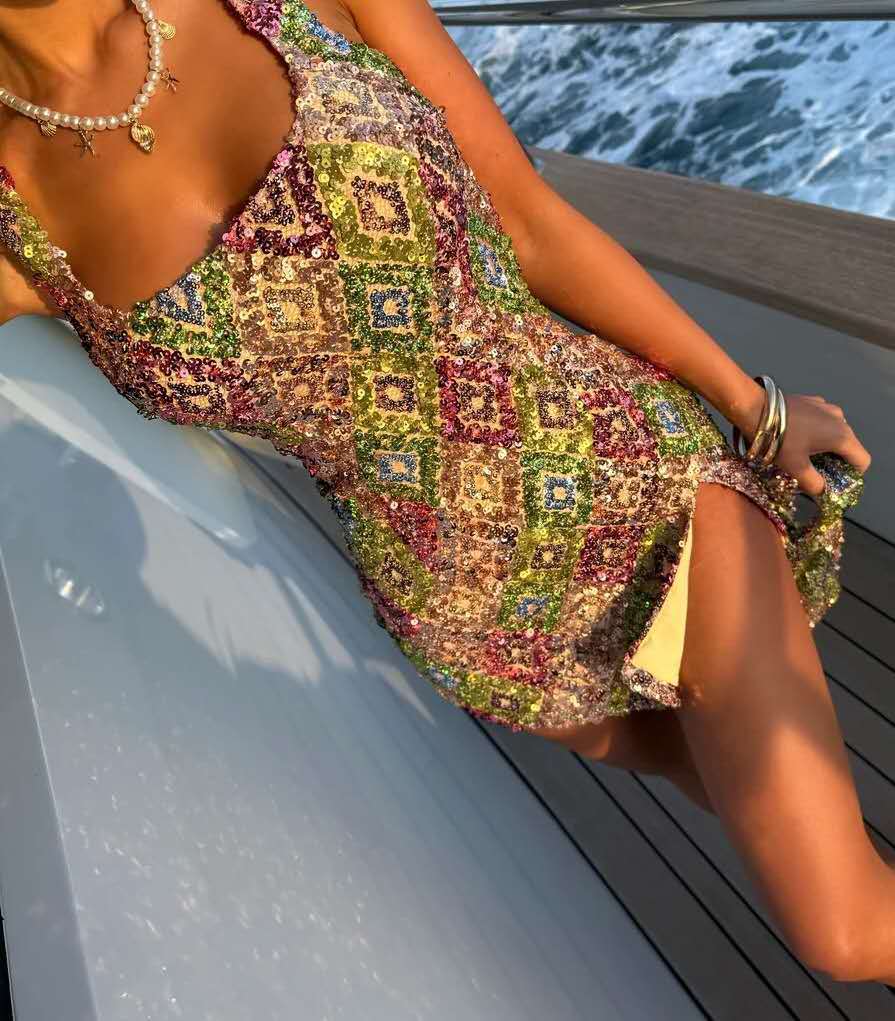 Colorful diamond-patterned sequined split-hem bodycon dress(BUY 2 FREE SHIPPING)