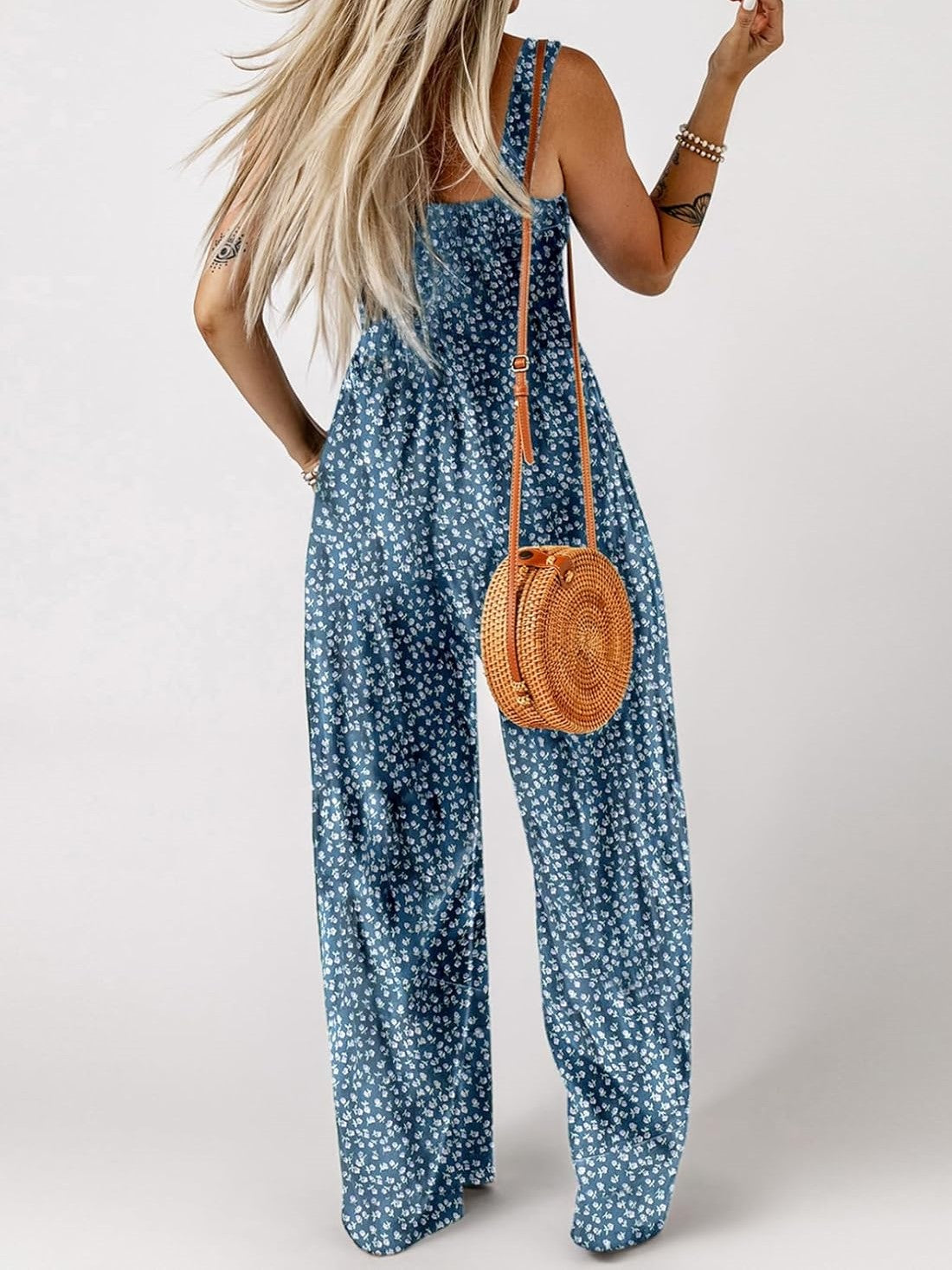🔥🔥🔥🔥Womens Overalls Casual Floral Print Sleeveless Jumpsuit with Pockets