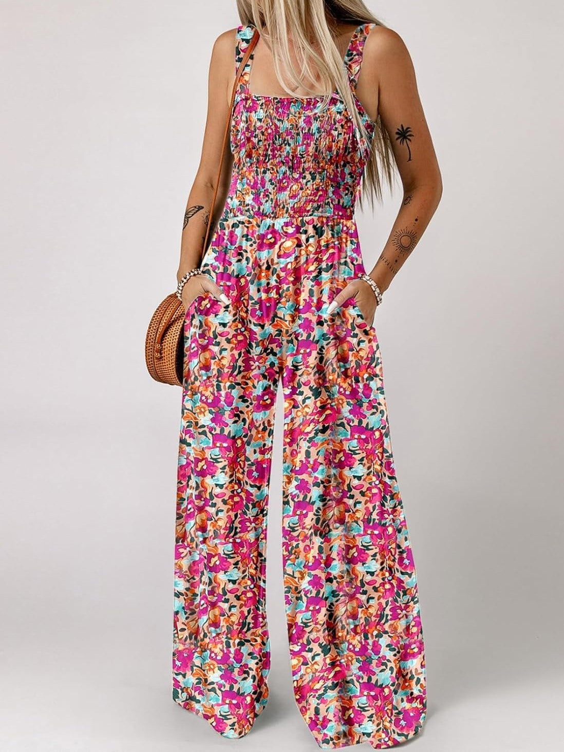 🔥🔥🔥🔥Womens Overalls Casual Floral Print Sleeveless Jumpsuit with Pockets