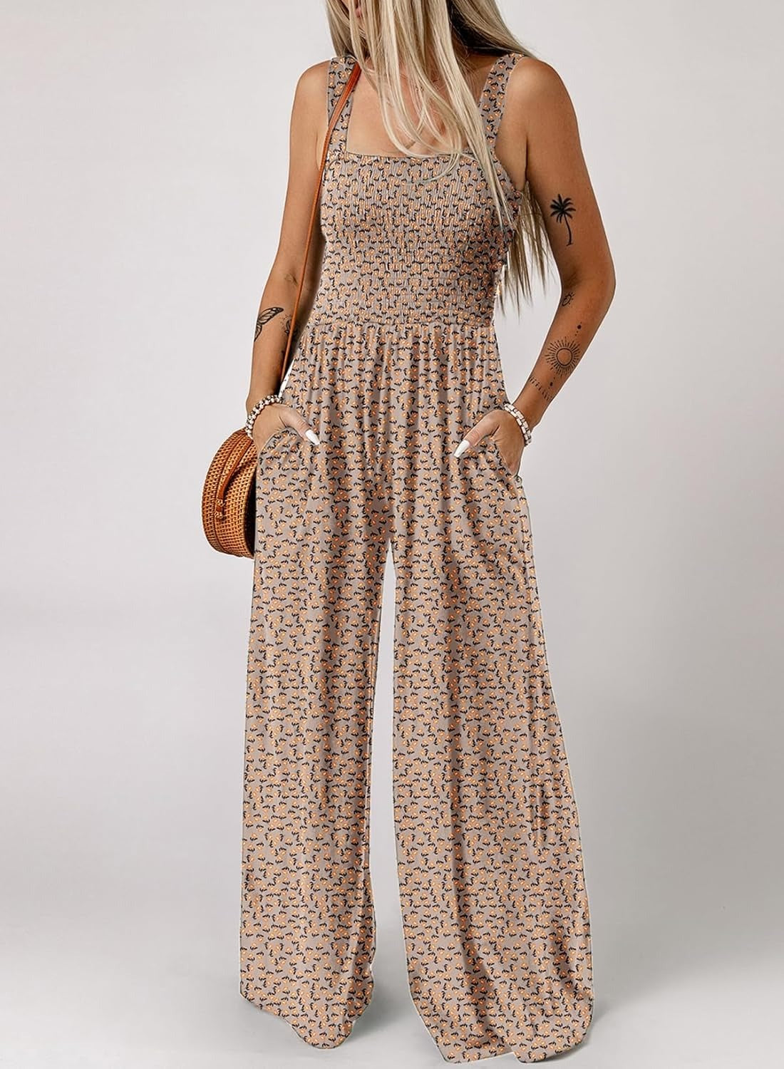 🔥🔥🔥🔥Womens Overalls Casual Floral Print Sleeveless Jumpsuit with Pockets