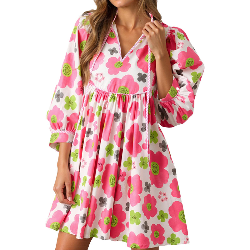 Women's V-Neck Puff-Sleeve Floral Mini Dress（BUY 2 FREE SHIPPING)