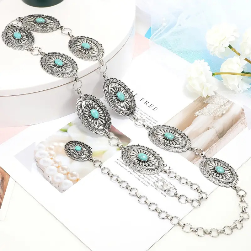 Vintage-Style Carved Belt with Turquoise Inlay (Ethnic Style)
