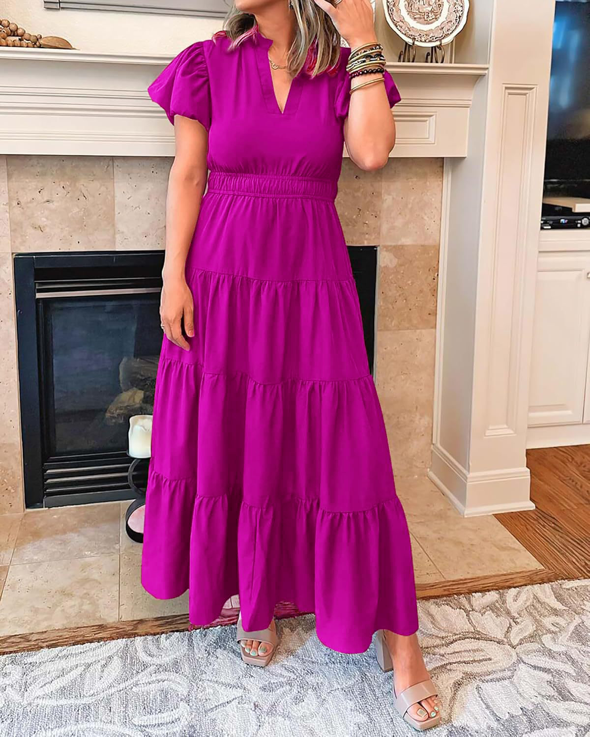 Tiered Dress with Puff Sleeves and Cinched Waist