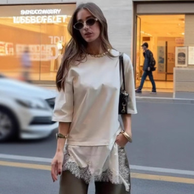 Stylish Round Neck Short-sleeved Patchwork Lace Hem Loose T-shirt