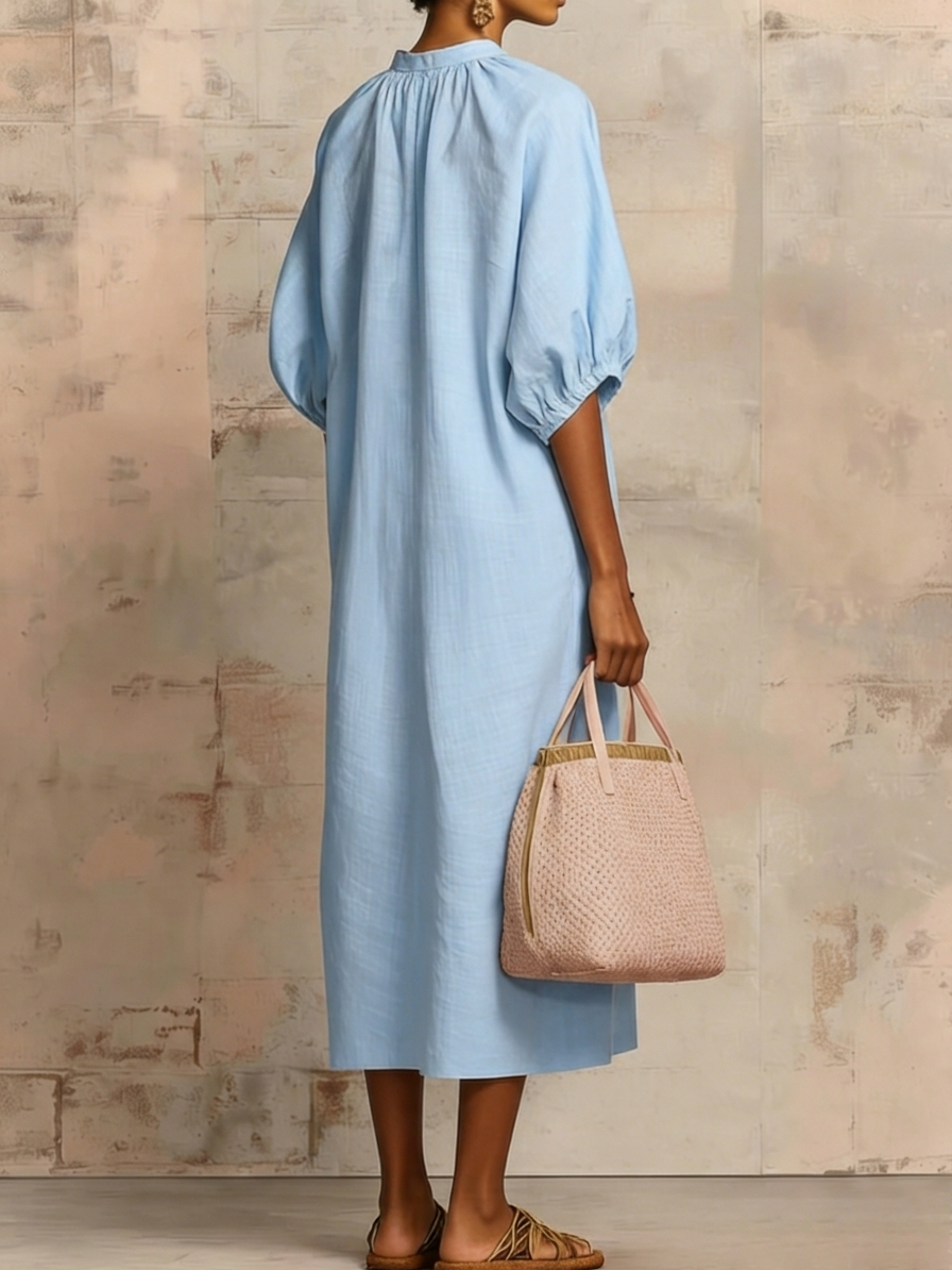 Solid color cotton linen loose casual puff sleeve dress for women