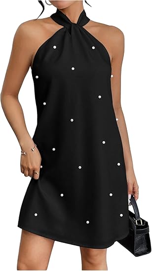 Women's Pearl Beaded Backless Twisted Sleeveless Tie-Waist A-line Dress