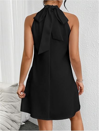 Women's Pearl Beaded Backless Twisted Sleeveless Tie-Waist A-line Dress
