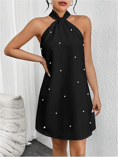 Women's Pearl Beaded Backless Twisted Sleeveless Tie-Waist A-line Dress