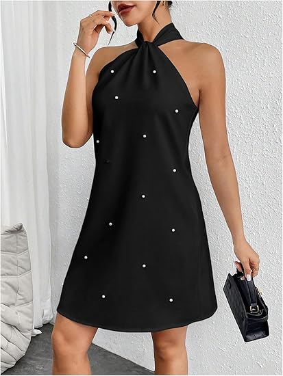 Women's Pearl Beaded Backless Twisted Sleeveless Tie-Waist A-line Dress