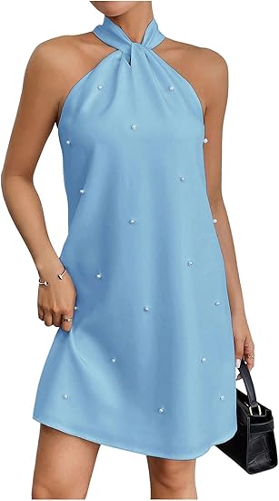 Women's Pearl Beaded Backless Twisted Sleeveless Tie-Waist A-line Dress