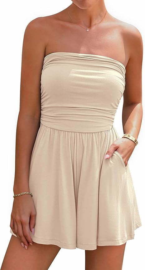 2026 Summer Loose-fitting Strapless Beach Bohemian Style Shorts Jumpsuit with Pockets