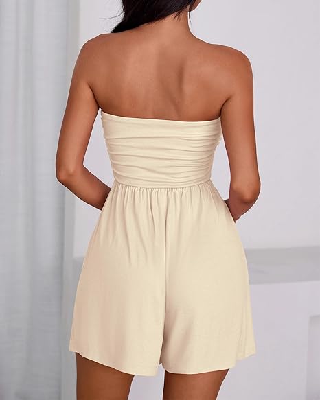 2026 Summer Loose-fitting Strapless Beach Bohemian Style Shorts Jumpsuit with Pockets
