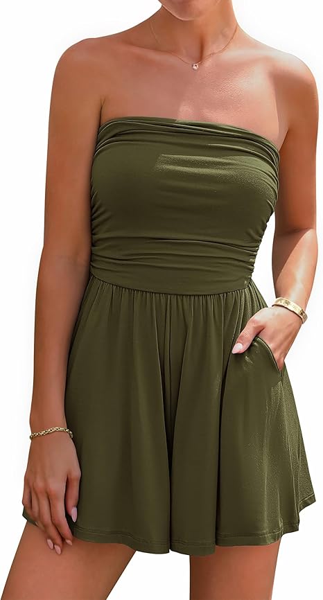 2026 Summer Loose-fitting Strapless Beach Bohemian Style Shorts Jumpsuit with Pockets