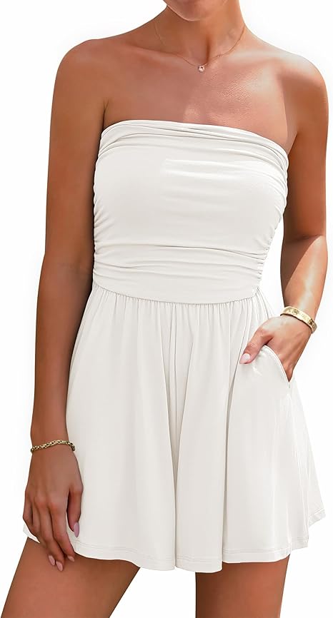 2026 Summer Loose-fitting Strapless Beach Bohemian Style Shorts Jumpsuit with Pockets