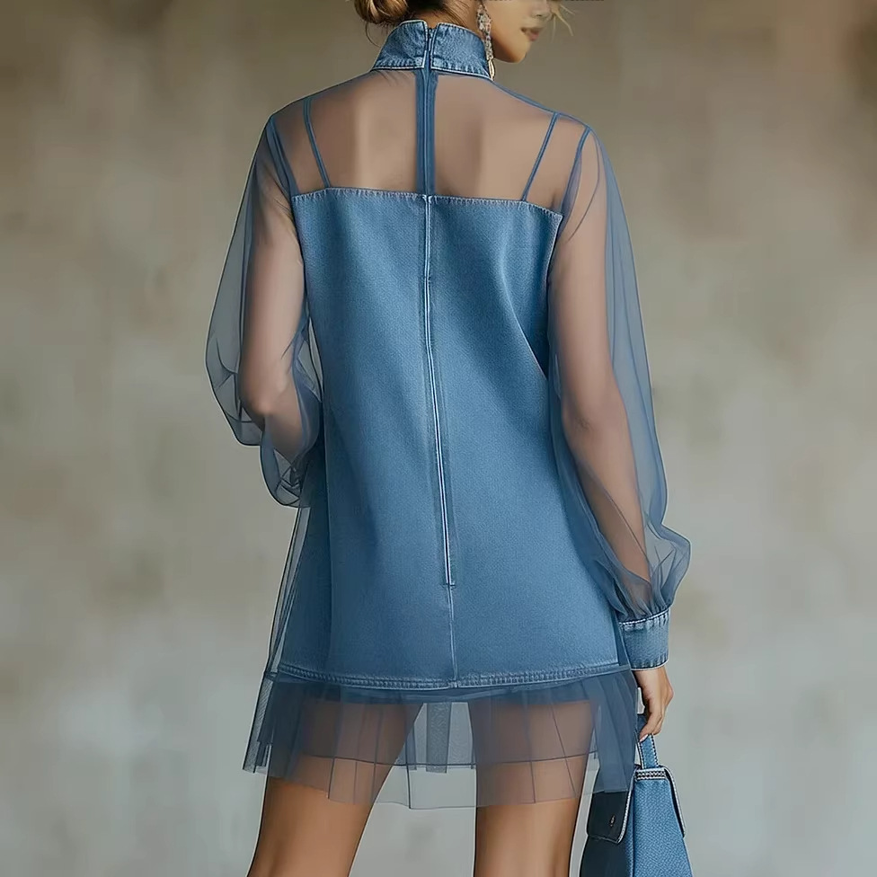 Summer Lantern Sleeve Patchwork Faux Collar Denim Slimming Dress