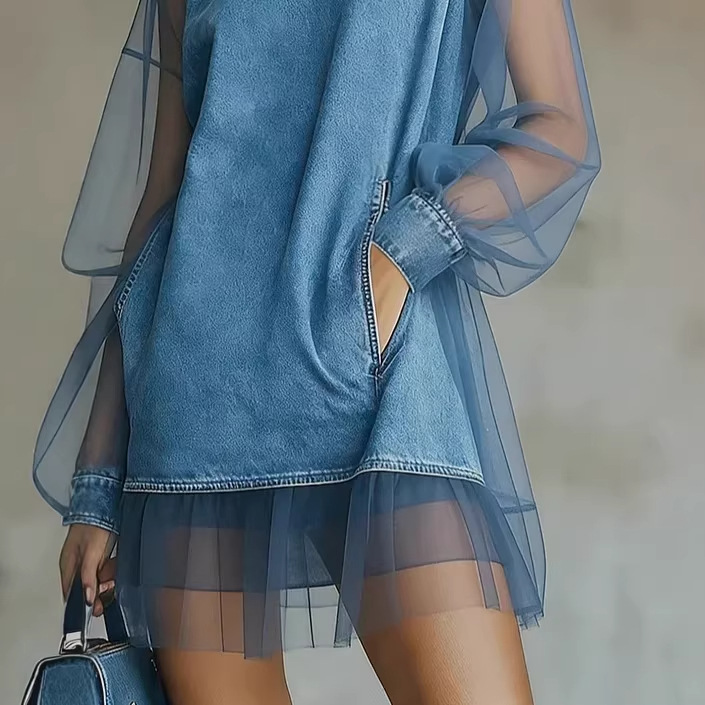 Summer Lantern Sleeve Patchwork Faux Collar Denim Slimming Dress