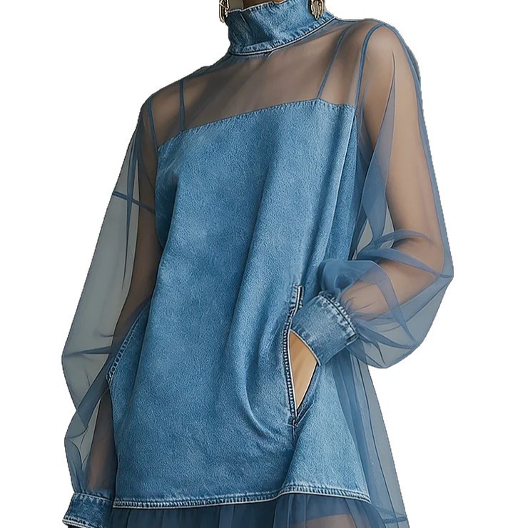 Summer Lantern Sleeve Patchwork Faux Collar Denim Slimming Dress