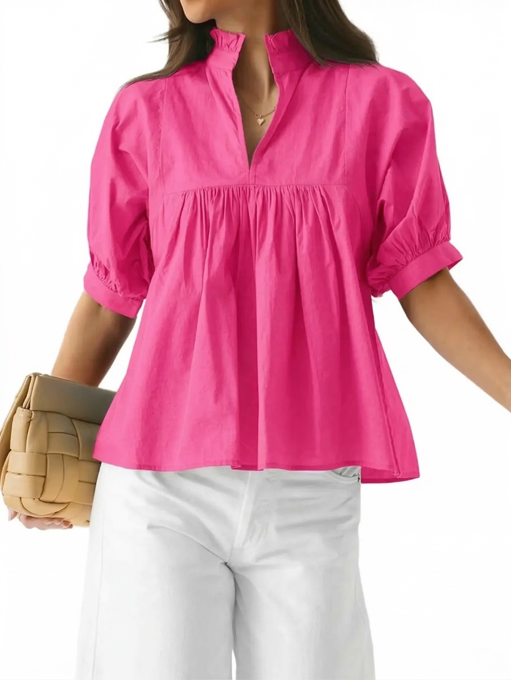 Women's Puff Sleeve V Neck Casual Pleated Tops