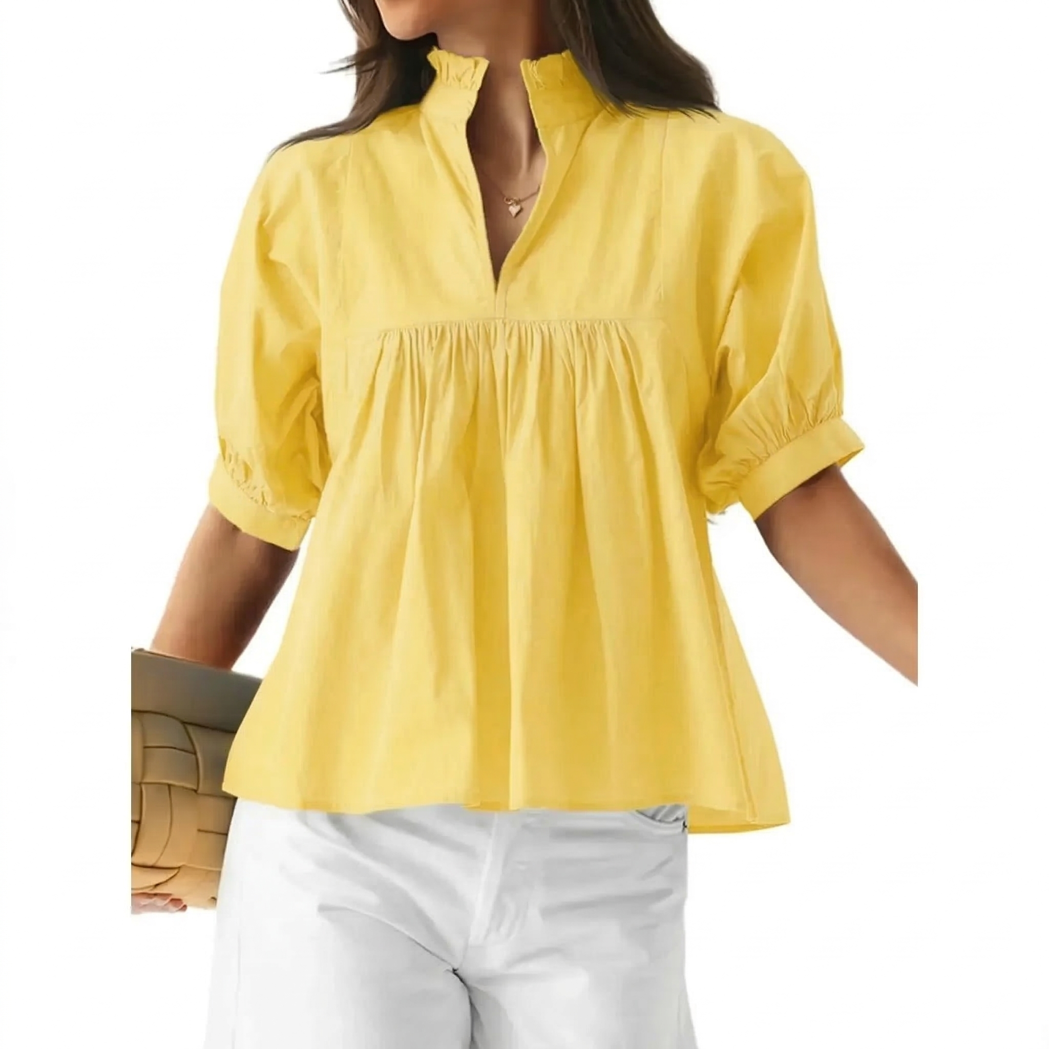 Women's Puff Sleeve V Neck Casual Pleated Tops
