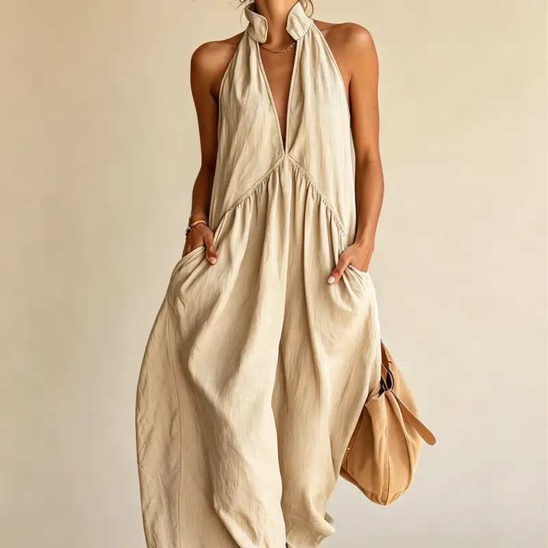 Halter Neck Linen-Blend Maxi Dress