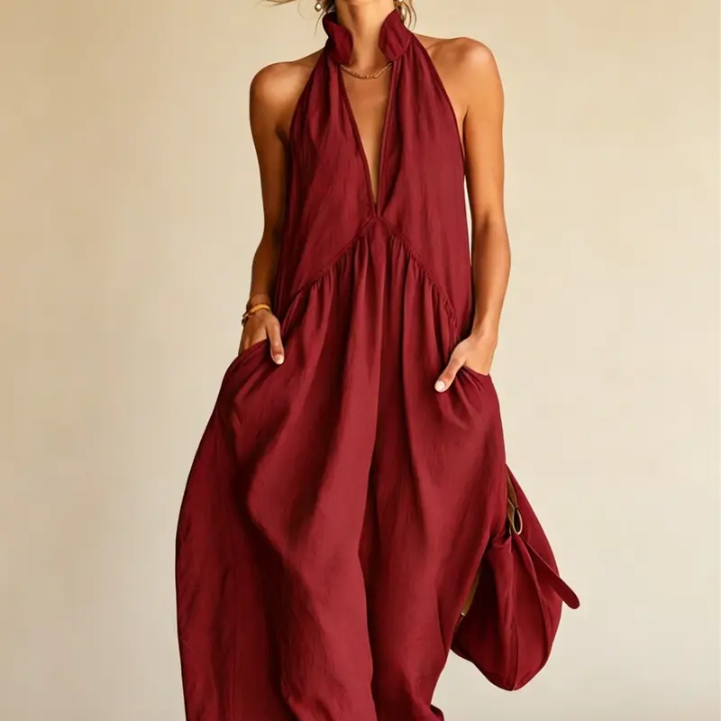 Halter Neck Linen-Blend Maxi Dress