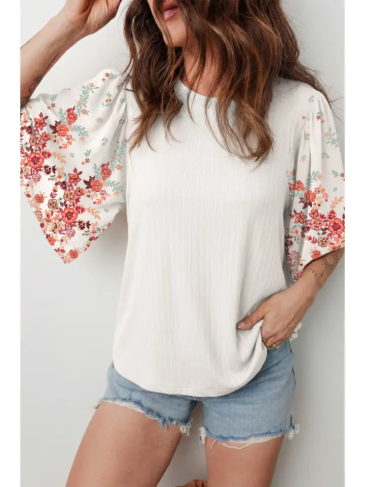 Bohemian style floral patchwork three-quarter sleeve shirt