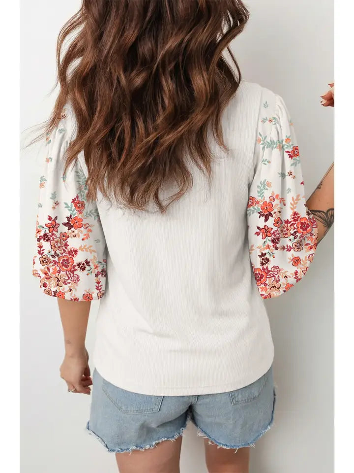 Bohemian style floral patchwork three-quarter sleeve shirt