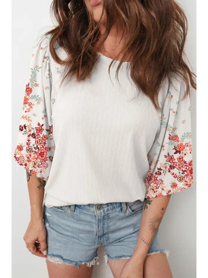 Bohemian style floral patchwork three-quarter sleeve shirt