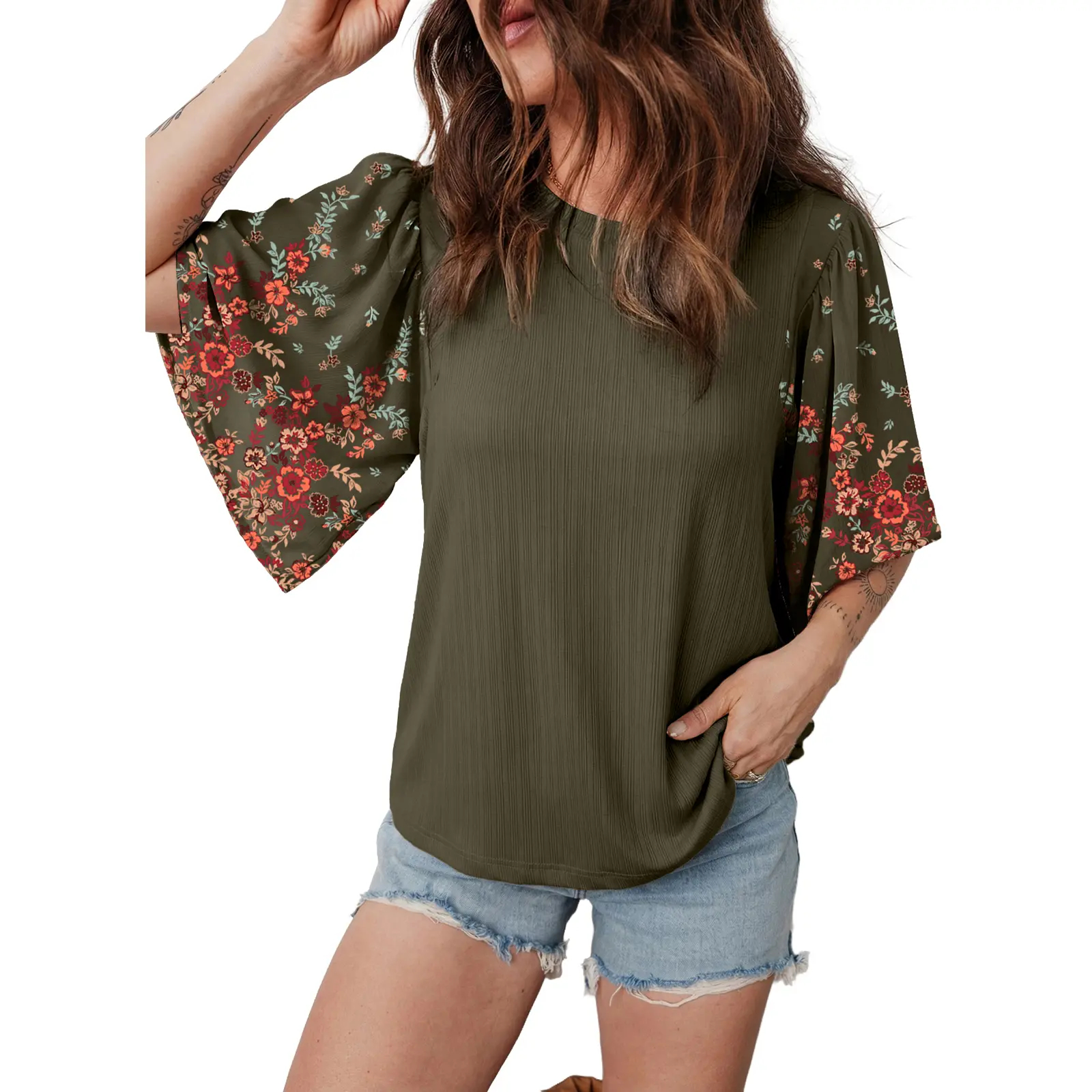 Bohemian style floral patchwork three-quarter sleeve shirt