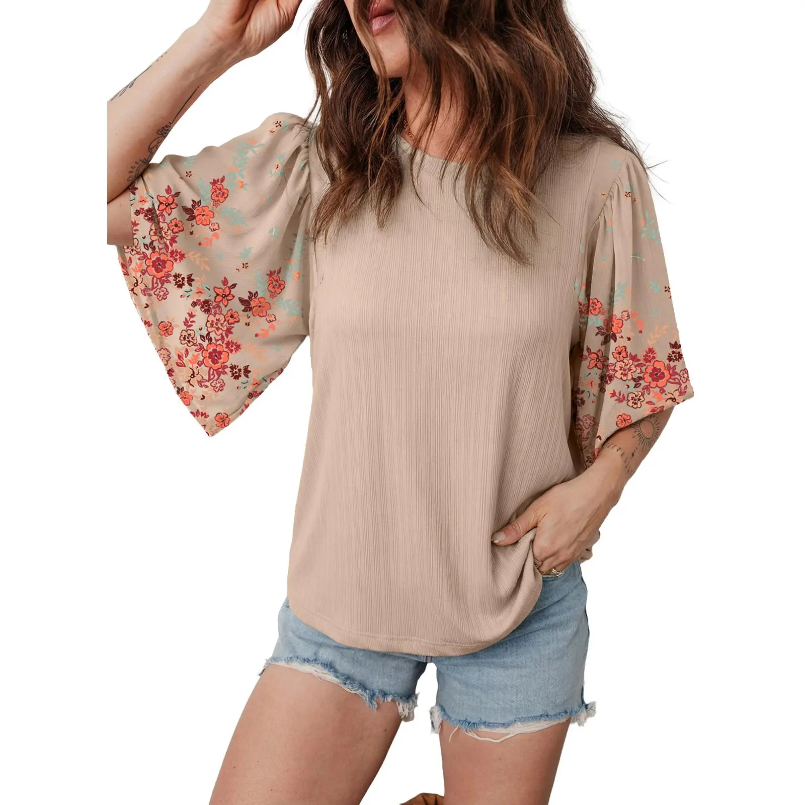 Bohemian style floral patchwork three-quarter sleeve shirt