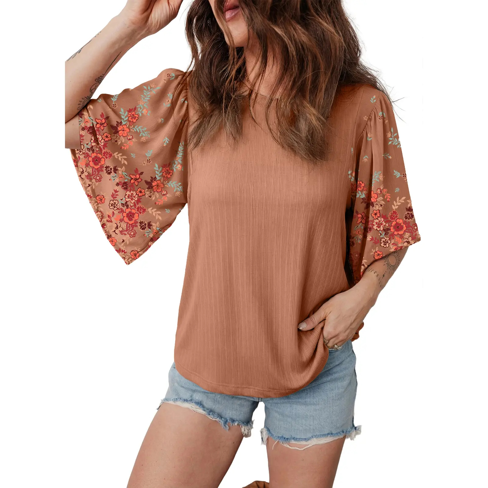 Bohemian style floral patchwork three-quarter sleeve shirt