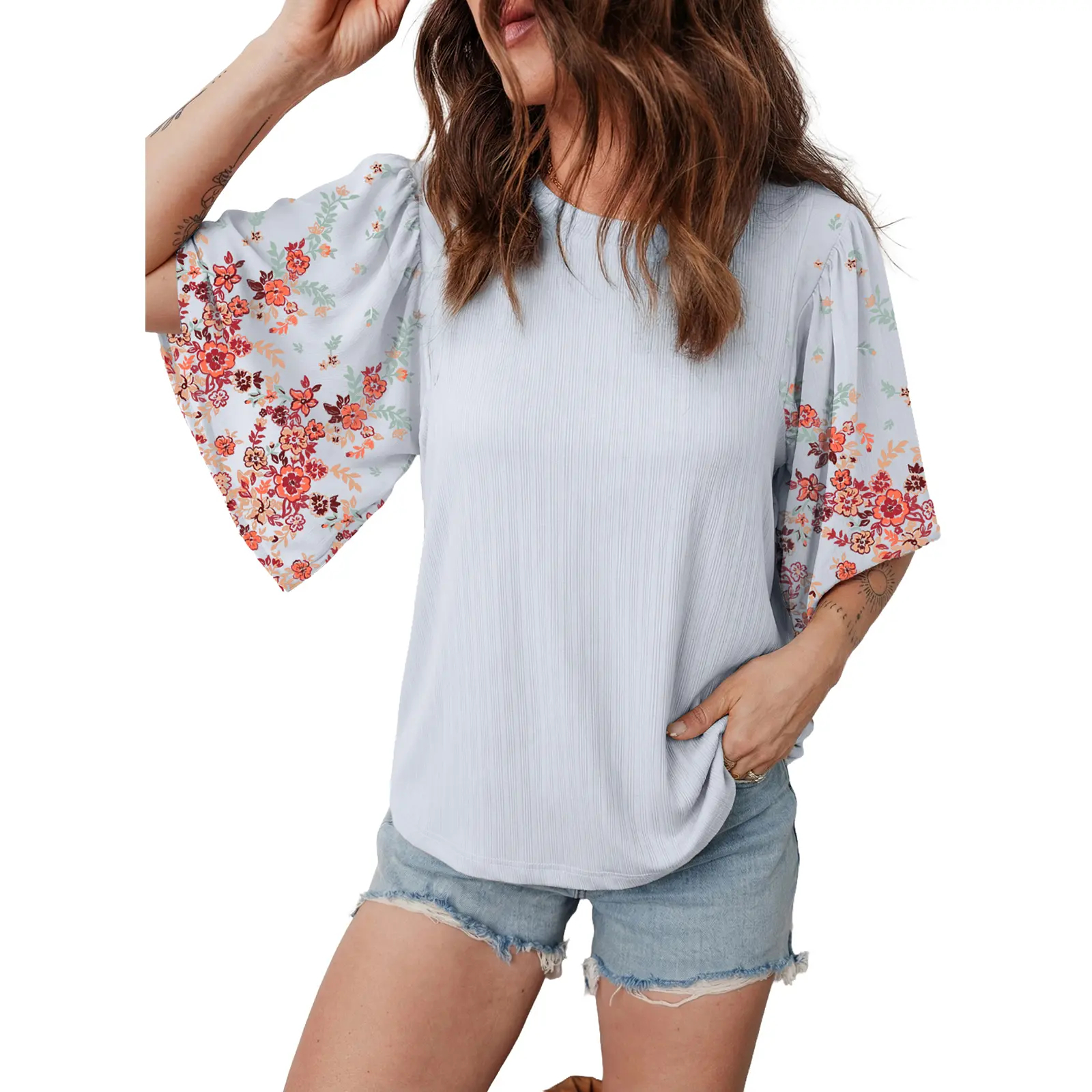 Bohemian style floral patchwork three-quarter sleeve shirt