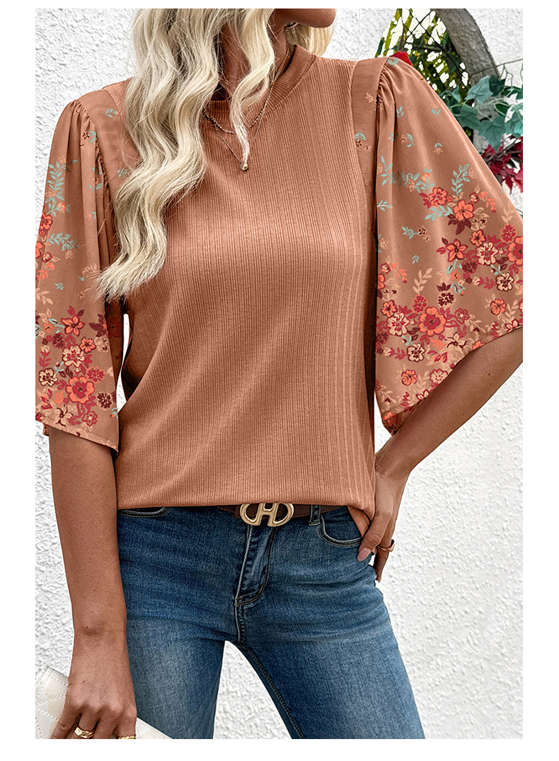 Bohemian style floral patchwork three-quarter sleeve shirt