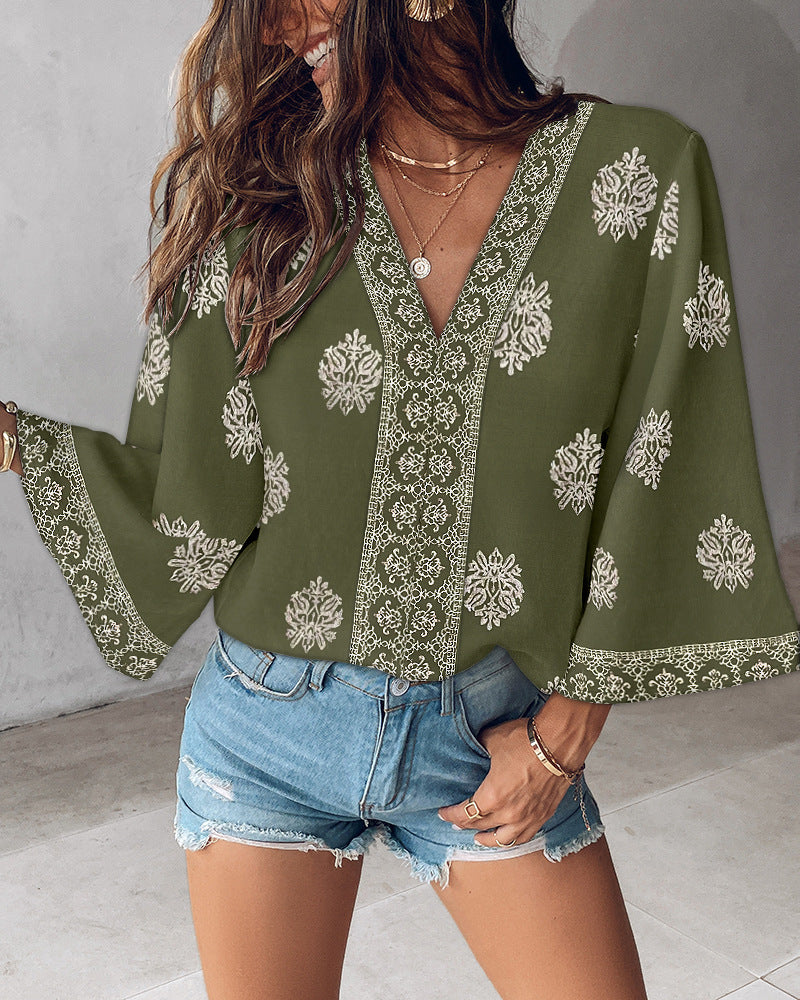 Bohemian Print Mid-Sleeve V-Neck Shirt(BUY 2 FREE SHIPPING)