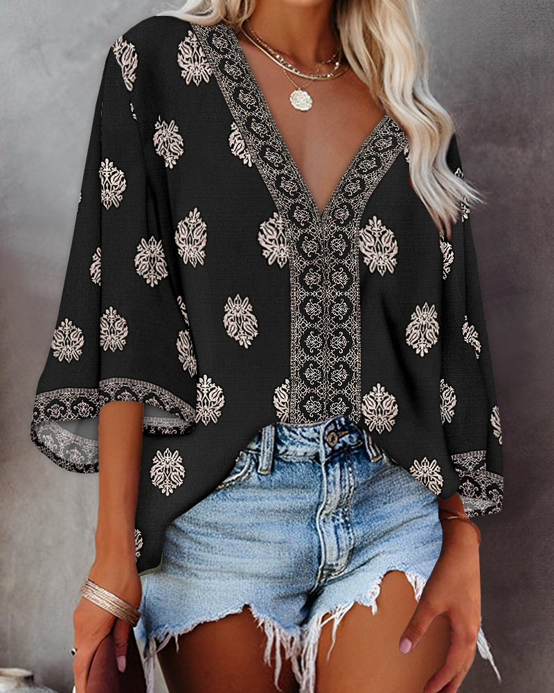 Bohemian Print Mid-Sleeve V-Neck Shirt(BUY 2 FREE SHIPPING)